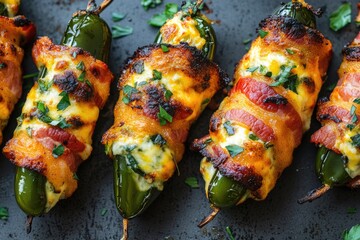 Poster - A plate of spicy jalapenos wrapped in crispy bacon, ready to be baked