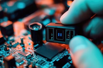 Poster - a person's hands hold a small device on a motherboard, with a focused expression