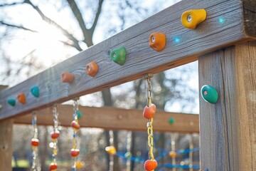 Aufkleber - A wooden structure holding colorful beads suspended in mid-air, perfect for decorative purposes or as a creative prop
