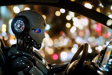 Poster - A robot sitting in the driver's seat of a car, ready to drive