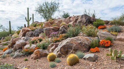 Poster - A simple yet elegant rock garden with a mix of warm-toned stones, desert flowers, and cactus plants.
