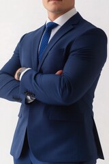 Poster - A person in a blue suit stands with their arms crossed, ready for an occasion or event