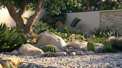 Poster - A simple yet elegant rock garden with a mix of warm-toned stones, desert flowers, and cactus plants.