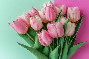 Poster - A close-up shot of a beautiful bouquet of pink tulips against a matching pink background, perfect for floral or spring-themed designs