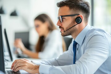 Poster - A person using a headset while working on a laptop, possibly for remote work or online meetings