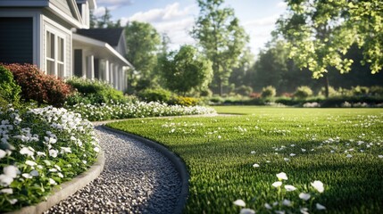 Poster - A beautiful house with a garden filled with white flowers, perfect for a serene and peaceful atmosphere