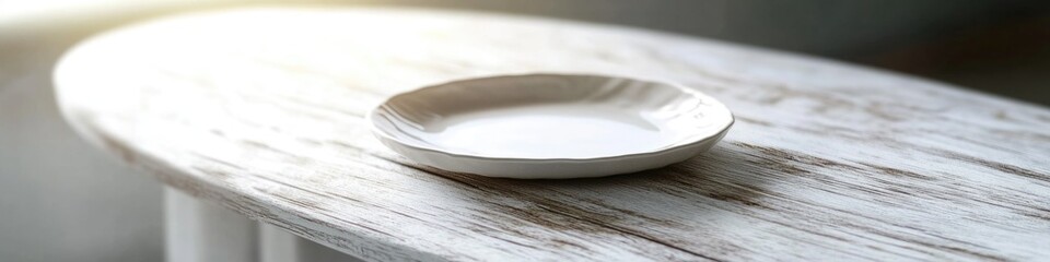 Poster - A simple white bowl sits on a wooden table, perfect for use in still life photography or as a prop in food or home decor scenes