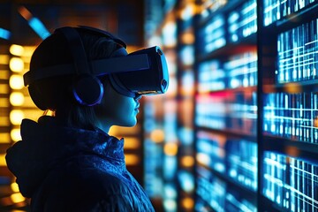 Poster - A person wearing a virtual reality headset in front of a data-rich background