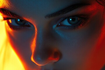 Poster - A close-up of a woman's face with glowing eyes, suitable for use in fantasy or horror scenes