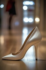 Poster - A single white high heel shoe lying on a wooden floor, great for use in fashion, beauty, or lifestyle images