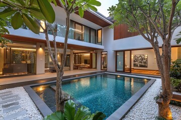 Aufkleber - A residential property featuring a swimming pool located within its grounds, suitable for real estate or leisure photography