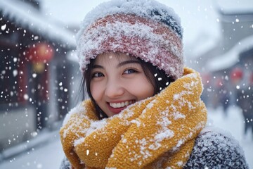 Wall Mural - A woman wearing a scarf and a hat in the winter landscape