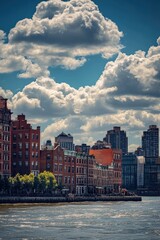Poster - A city landscape with various buildings and structures along the waterfront, suitable for use in urban or architectural designs