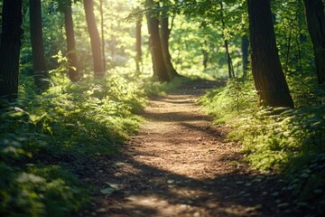 Poster - A dirt path surrounded by trees and foliage in a dense forest environment