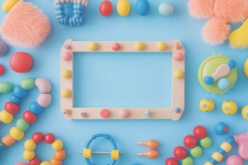 Poster - A colorful picture frame surrounded by toys and standing out against a bright blue background