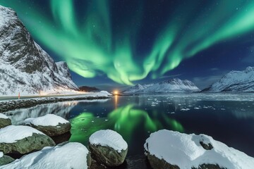 Poster - Aurora borealis illuminates the night sky above a frozen lake, creating a breathtaking scene