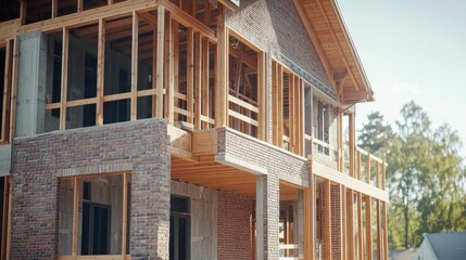 Poster - A wooden house under construction with wood framed windows