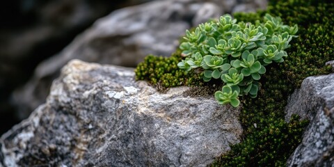 Sticker - A tiny green plant is growing out of a rocky surface, with some soil and roots visible