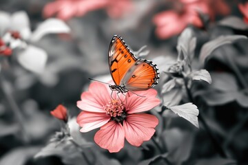 Aufkleber - A butterfly perches on the center of a pink flower, surrounded by greenery