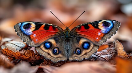 Poster - Peacock butterfly autumn leaves forest nature macro