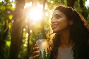 Poster - A person walking through the woods carrying a refillable water container, suitable for outdoor adventure or nature photography