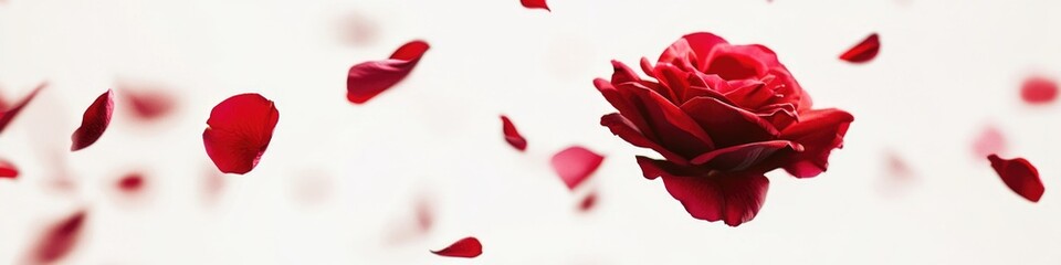 Poster - A single red rose surrounded by its own petals on a white background