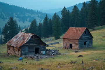 Poster - Rustic wooden structures perched on a grassy hill, great for scenic views or rustic retreats