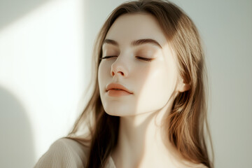 Aufkleber - 若くて綺麗な女性モデルの横顔に日差しが当たっている。美肌にフォーカスした美容ポートレート。