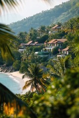 Wall Mural - Aerial view of beach from above with houses and trees in the background