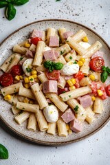 Poster - A plate of cooked pasta served with sliced ham and fresh tomatoes
