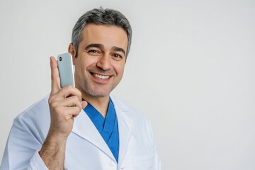 Poster - a man in a lab coat holds up his cell phone, highlighting the importance of technology and communica