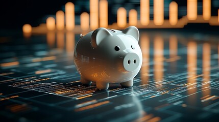 Poster - Piggy bank on digital finance data, market growth background