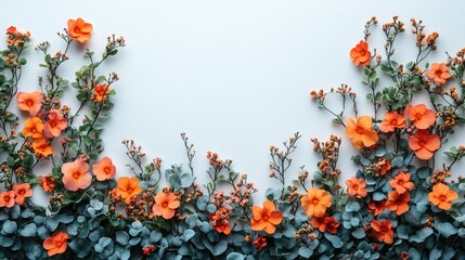 Wall Mural - Vibrant floral arrangement featuring orange flowers and green foliage against a light background