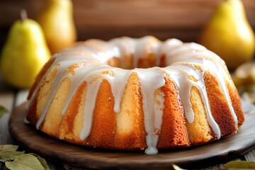 Wall Mural - A sweet treat, this image features a bundt cake with creamy icing and fresh pears in the background