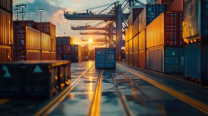 Aufkleber - Train travels along railway with storage containers in the background, ideal for transportation or logistics concepts