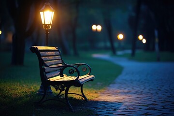 Poster - A park bench sits in the center of a park at nighttime, surrounded by darkness
