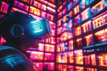Poster - A person wearing a virtual reality headset in front of a colorful light installation