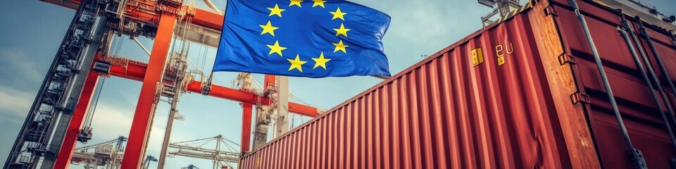 Poster - A European Union flag flies above a shipping container, symbolizing international trade and cooperation