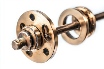 Close-up of a brass mechanical assembly featuring a threaded rod connecting two flanged components with integrated nuts and washers. The piece is isolated against a white background