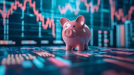 Poster - Piggy bank on financial charts, market downturn background, investment risk