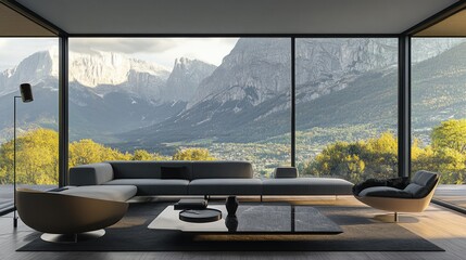 Aufkleber - Cozy living room with comfortable furniture, large window, and calm atmosphere