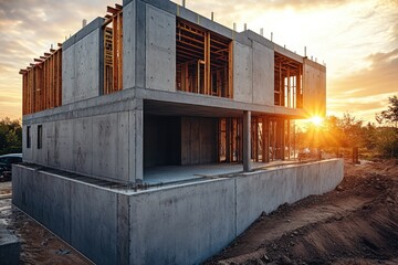 Poster - A house under construction with the sun setting behind