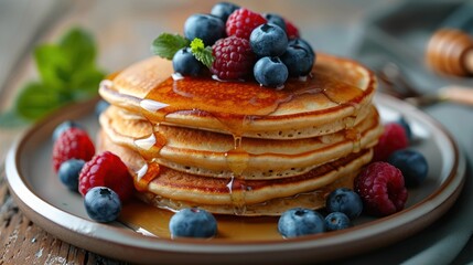 Wall Mural - Fresh pancakes topped with juicy blueberries and raspberries, drizzled with honey, create a sweet and refreshing dish, beautifully arranged on a plate.