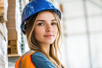 Poster - Woman on construction site wearing hard hat and orange vest, ready for work