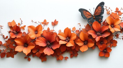 Wall Mural - Vibrant orange paper flowers and butterfly arranged elegantly on a white background, perfect for decor