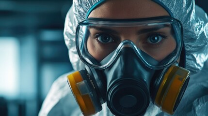 Poster - A woman wearing a protective suit and gas mask, ideal for medical or scientific settings