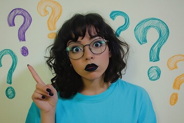 Wall Mural - A woman with dark hair and glasses is looking at the camera, her finger pointing up in front of multiple question marks drawn on a white background. 