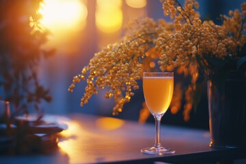 Poster - A glass of wine sits next to a vase of flowers on a table
