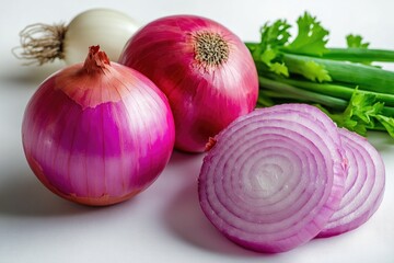 Poster - A pair of onions sitting alongside a bunch of celery, great for use in food or kitchen compositions