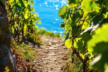 Poster - A serene pathway surrounded by lush green vines, perfect for use in travel, lifestyle or nature-themed projects